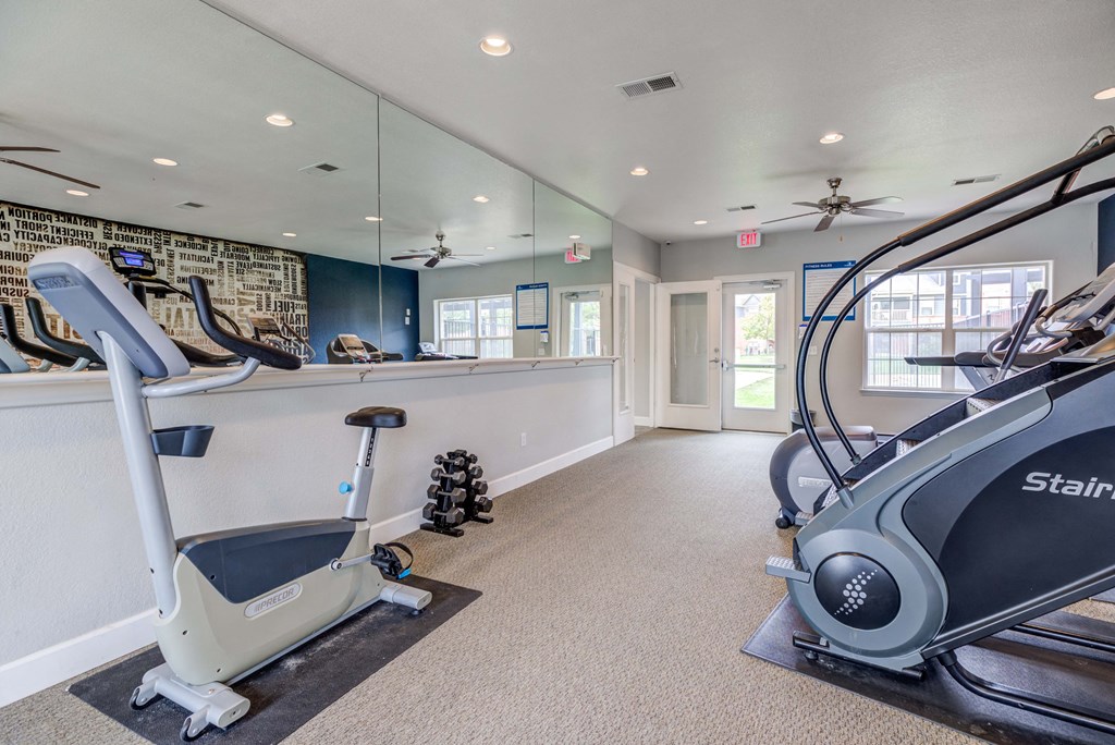 A gym with a treadmill, a stationary bike and a mirror.