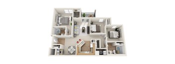 A 3D floor plan of a house with labeled rooms.