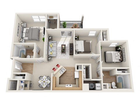 A 3D floor plan of a house with labeled rooms.
