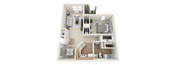 A 3D floor plan of a small apartment with a kitchen, living room, and bathroom.