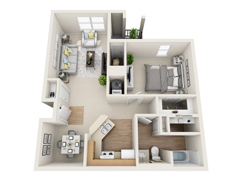 A 3D floor plan of a small apartment with a kitchen, living room, and bathroom.