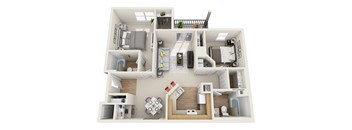A 3D floor plan of a small apartment with a kitchen, living room, and bedroom.