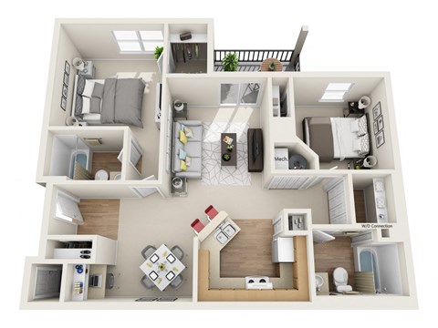A 3D floor plan of a small apartment with a kitchen, living room, and bedroom.