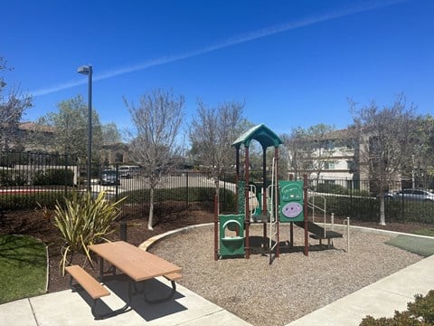 A playground with a green canopy and a slide.