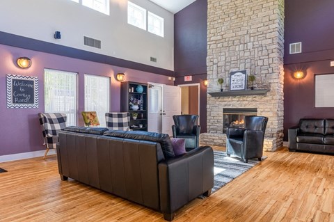 A living room with a fireplace and a couch.
