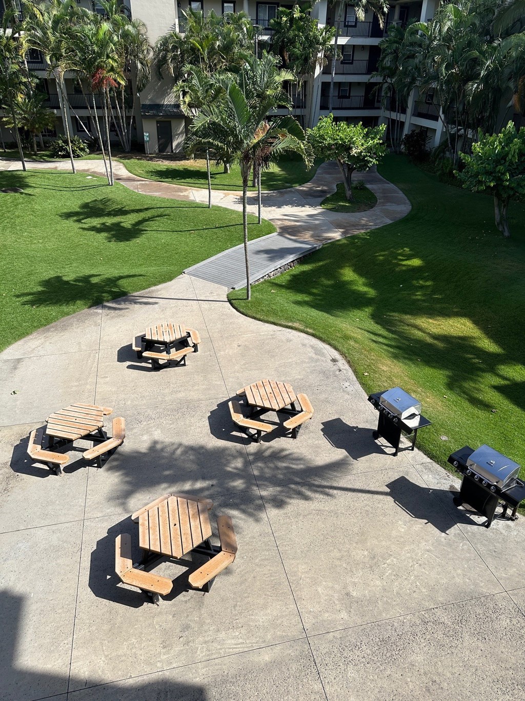 A park with benches and trees.