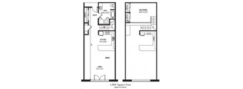 A floor plan of a one bedroom apartment with a living area, kitchen, and bathroom.
