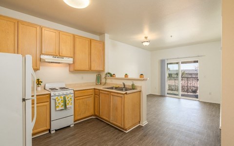 a kitchen with wooden cabinets and a stove and a refrigerator