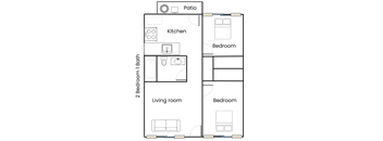 A floor plan of a small apartment with a living room, two bedrooms, a kitchen, and a bathroom.