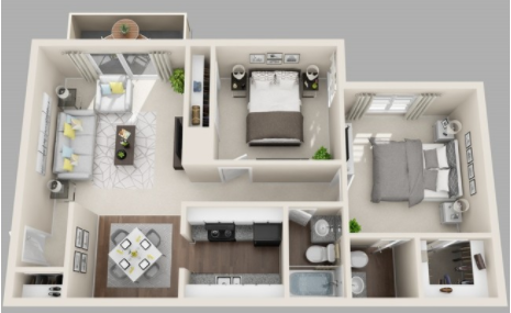 El Castillo Apartments 2 Bedroom 1.5 Bathroom floor plan