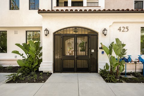 A white house with a black door and number 425 on the wall.