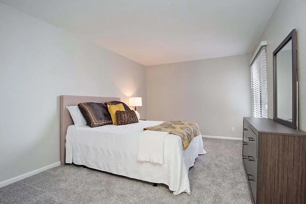 a bedroom with a bed and a dresser