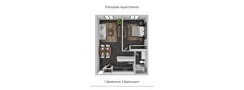 A floor plan of a 1 bedroom 1 bathroom apartment.