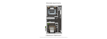 A floor plan of a 2 bedroom 1 bathroom apartment.