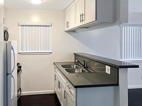 a kitchen with a sink and a refrigerator