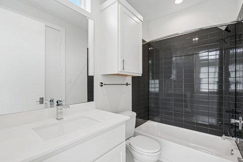 A white bathroom with a black tiled shower area.