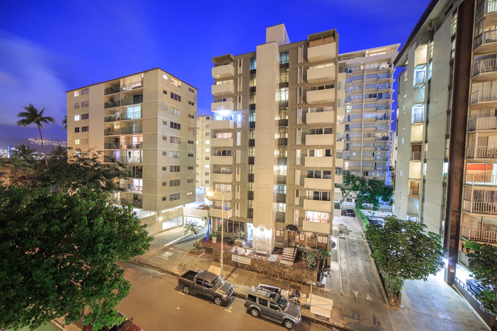 Waikiki Walina Apartments exterior building at night 
