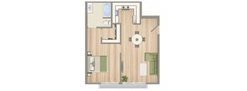 A floor plan of a house with a kitchen, living room, and two bedrooms.