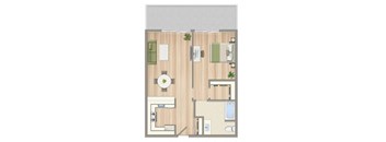 A floor plan of a house with a dining area, living room, kitchen, and bathroom.