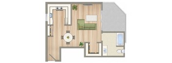 A floor plan of a house with a living room, kitchen, and bathroom.