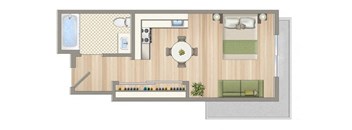 A floor plan of a small apartment with a kitchen, living room, and bathroom.