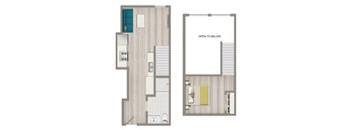 A floor plan of a room with a bathroom and a kitchen area.