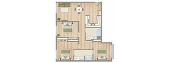 A floor plan of a house with a central courtyard and four bedrooms.