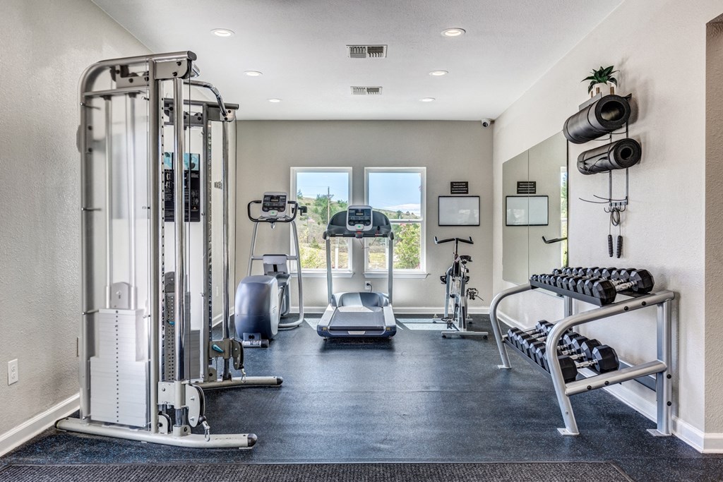 A well-equipped gym with a variety of exercise machines and a bench for resting.