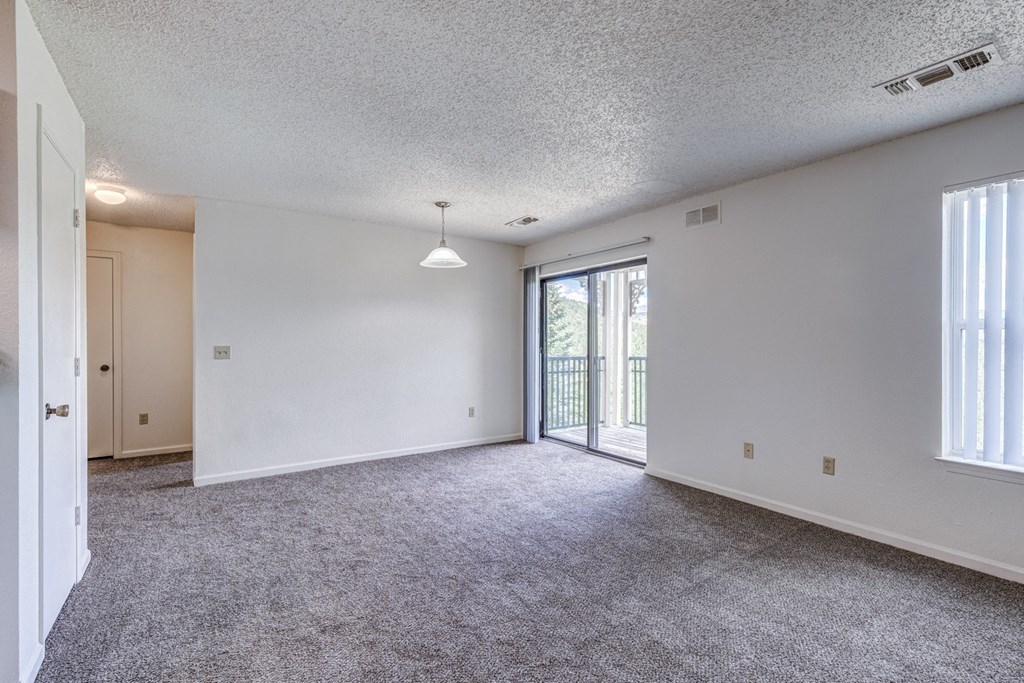 A room with a carpeted floor and a sliding glass door leading outside.