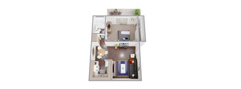 A top-down view of a small apartment with a kitchen, living room, and bedroom.