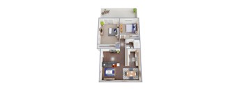 A floor plan of a two-bedroom apartment with a living room, kitchen, and bathroom.