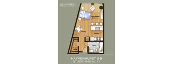 a floor plan of a studio apartment with a bedroom and a bathroom