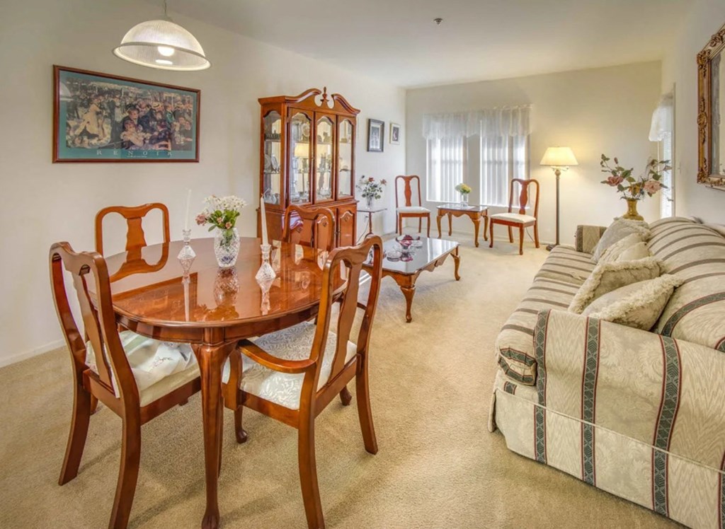 a living room with a dining table and a couch