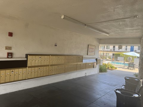 A room with a long row of lockers and a window showing an outdoor pool area.