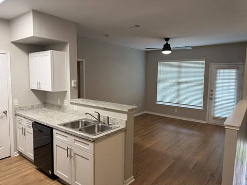 A kitchen with a sink and a window.