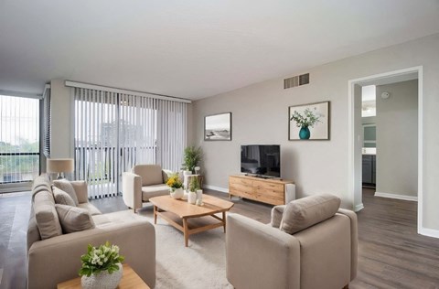 a living room with couches and chairs and a television