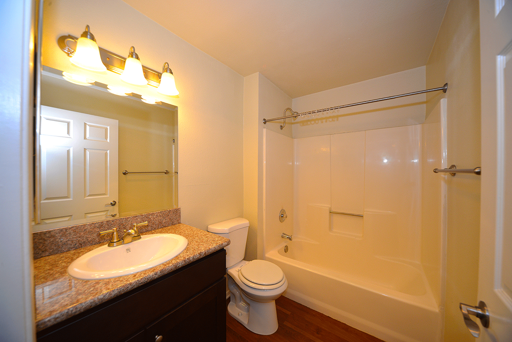 Monarch Terrace bathroom vanity, toilet, and shower