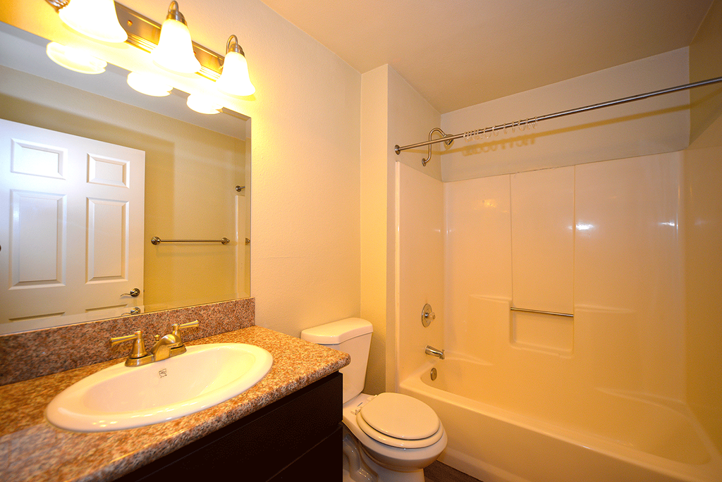 Monarch Terrace bathroom vanity, toilet, and shower