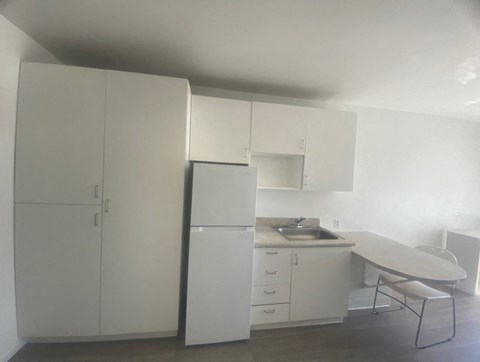 a white kitchen with a sink and a refrigerator