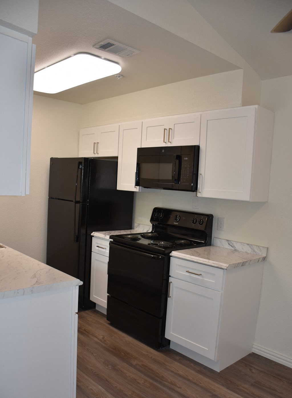 Hampton Court Apartments kitchen cabinets, stove, microwave, and refrigerator