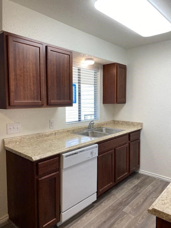Hampton Court Apartments kitchen cabinets, sink, and dish washer