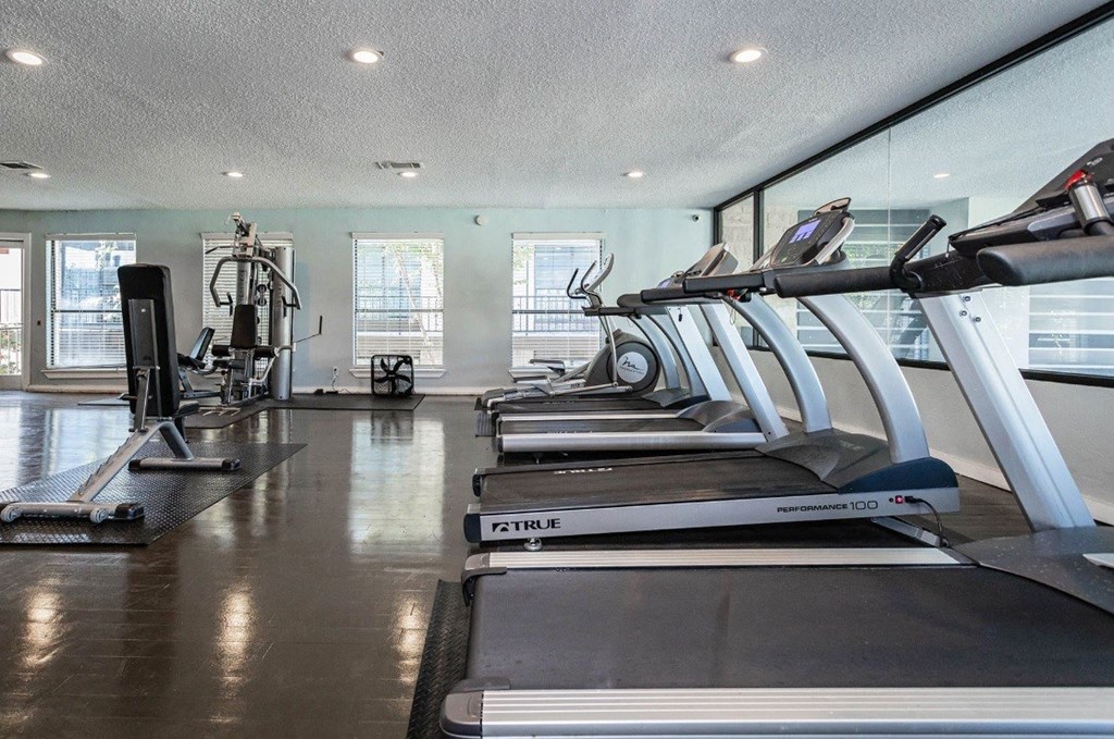 A gym with treadmills and elliptical machines.