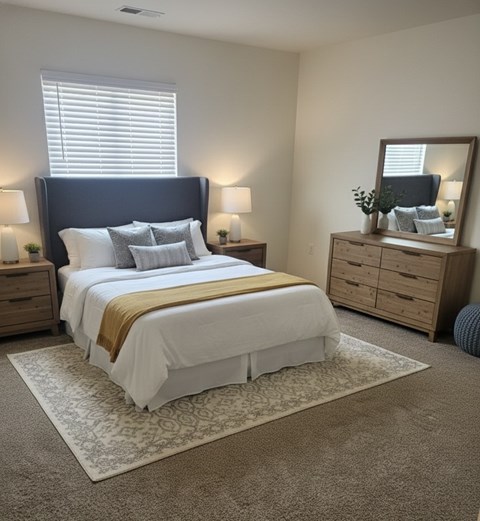 A bedroom with a bed, nightstand, and dresser.