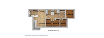 A 3D rendered image of a house layout with a living room, kitchen, dining area, and four bedrooms.