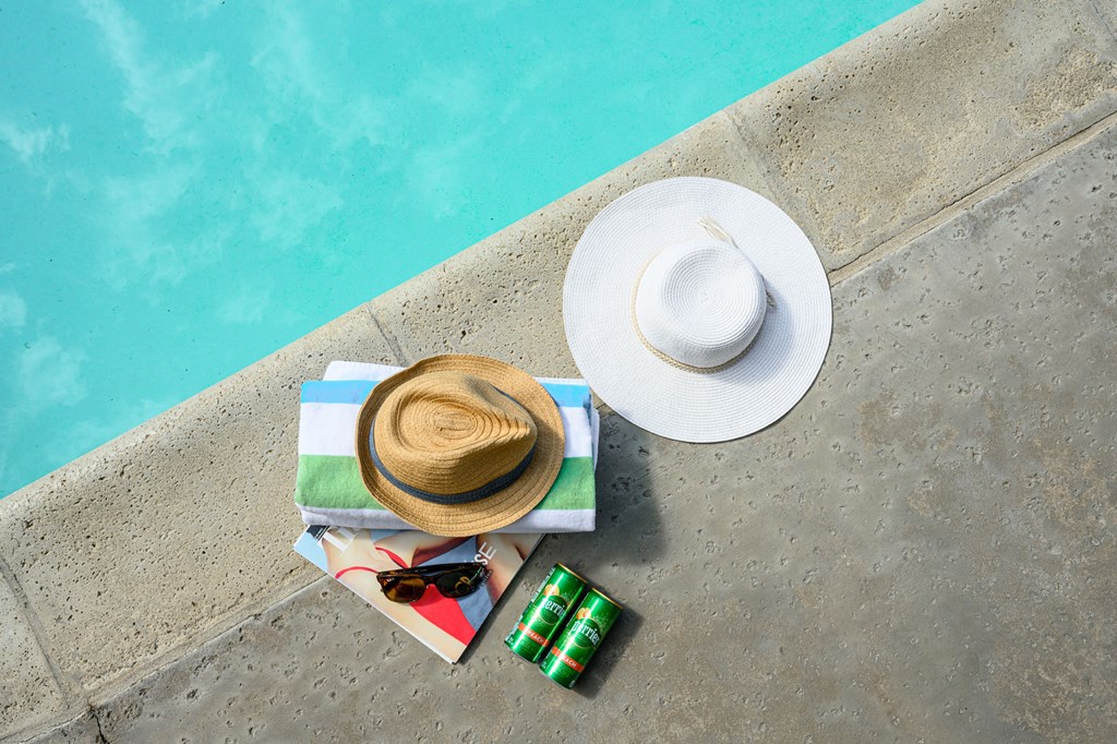 Mountain View Pool with sun accessories birds eye view