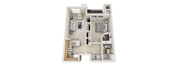 A 3D floor plan of a small apartment with a kitchen, living room, and bathroom.