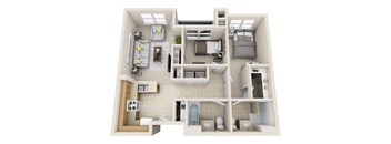A 3D floor plan of a small apartment with a kitchen, living room, and bathroom.