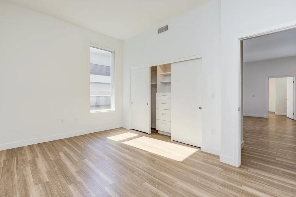 Maya Apartments bedroom and closet with organizer