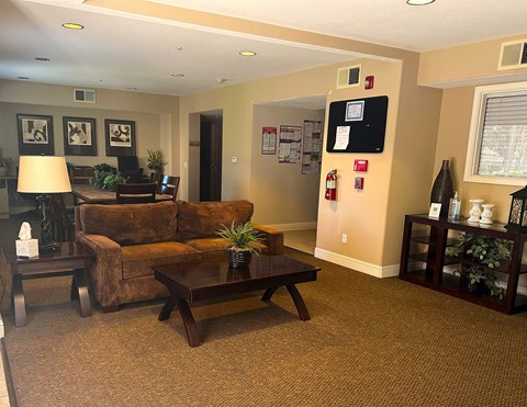 a living room with a couch and a coffee table