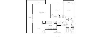 A floor plan of a house with two bedrooms and two bathrooms.